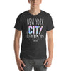 New York City Skyline Holographic Foil Print T-Shirt with Hand-Sketched Landscape Illustration on Black Background